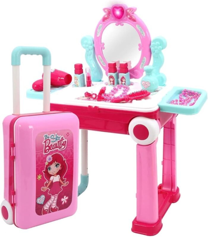 beauty playset 2 in 1 vanity mirror makeup suitcase trolley with lights sound multicolour