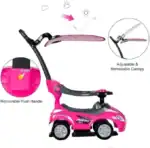 Megacar Canopy Kids 3-in-1 Push Car – Stroller, Walker and Ride-On with Sun Canopy and Under-Seat Storage, Ages 1-4, Pink - v