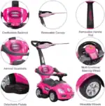 Megacar Canopy Kids 3-in-1 Push Car – Stroller, Walker and Ride-On with Sun Canopy and Under-Seat Storage, Ages 1-4, Pink - v