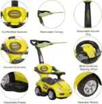 Megacar Canopy Kids 3-in-1 Push Car – Stroller, Walker and Ride-On with Sun Canopy and Under-Seat Storage, Ages 1-4, Yellow -