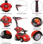 Megacar Canopy Kids 3-in-1 Push Car – Stroller, Walker and Ride-On with Sun Canopy and Under-Seat Storage, Ages 1-4, Red - vi