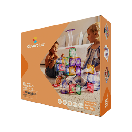 Cleverclixx Ball Run Clever Pack Pastel – 110 Piece Magnetic Ball Run Set with Pastel Tiles for Kids