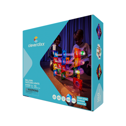 Cleverclixx Ball Run Dazzling Lights Pack Intense – 100 Piece Ball Run Construction Set with Light Effects for Kids