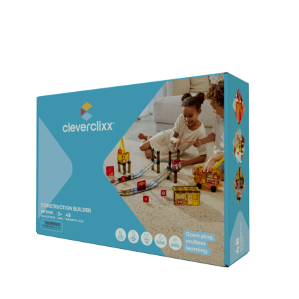 Cleverclixx Construction Builder Pack Intense – 48 Piece Magnetic Building Set with Interactive Race Track for Kids