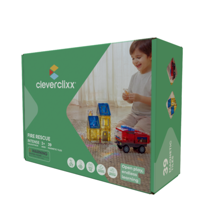 Cleverclixx Fire Rescue Pack Intense – 39 Piece Magnetic Building Set with Printed Fire Rescue Tiles for Kids