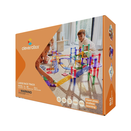 Cleverclixx Large Race Track Pastel – 80 Piece Magnetic Race Track Set with Battery-Powered Self-Driving Car for Kids