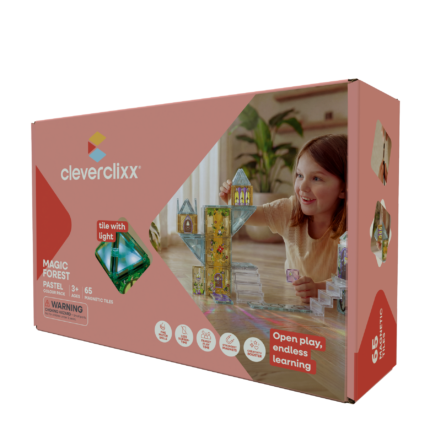 Cleverclixx Magic Forest Pack Pastel – 69 Piece Magnetic Tile Set with Printed Fairy Tale Tiles for Kids