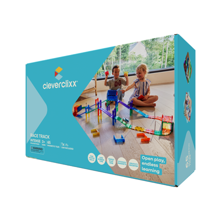 Cleverclixx Race Track Intense – 65 Piece Magnetic Race Track Set with Battery-Powered Self-Driving Car, Ages 3+