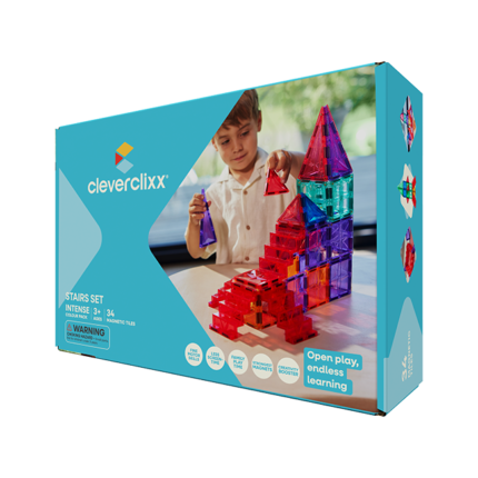 Cleverclixx Stairs Set Intense – 34 Piece Magnetic Staircase Expansion Set for Multi-Level Builds
