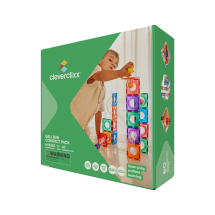 Cleverclixx Ball Run Compact Pack Intense – 60 Piece Ball Run Expansion Set with Magnetic Tiles for Kids