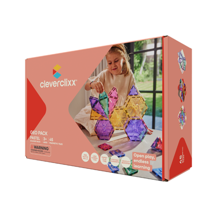Cleverclixx Geo Pack Pastel – 45 Piece Geometric Magnetic Tile Set for Early Geometry Learning, Ages 3+