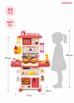 SARAOONT Kitchen Play Set for Kids – 43 Pieces with Steam Spray, Running Water Faucet, Lights, Sounds, Toy Oven and Fridge, P