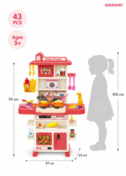 SARAOONT Kitchen Play Set for Kids – 43 Pieces with Steam Spray, Running Water Faucet, Lights, Sounds, Toy Oven and Fridge, P