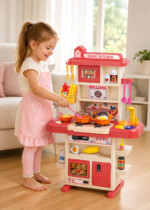 SARAOONT Kitchen Play Set for Kids – 43 Pieces with Steam Spray, Running Water Faucet, Lights, Sounds, Toy Oven and Fridge, P