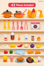 SARAOONT Kitchen Play Set for Kids – 43 Pieces with Steam Spray, Running Water Faucet, Lights, Sounds, Toy Oven and Fridge, P