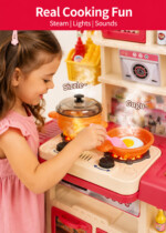 SARAOONT Kitchen Play Set for Kids – 43 Pieces with Steam Spray, Running Water Faucet, Lights, Sounds, Toy Oven and Fridge, P