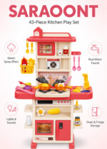 SARAOONT Kitchen Play Set for Kids – 43 Pieces with Steam Spray, Running Water Faucet, Lights, Sounds, Toy Oven and Fridge, P