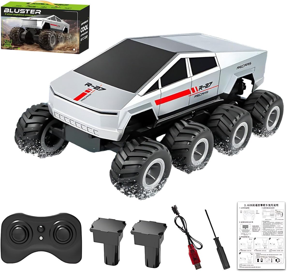 71hHmXY6WVL._AC_SL1200 M.A&F’s Amphibious Remote Control Car, 8WD 2.4GHz 1:18 RC Monster Truck with 2 Batteries – Waterproof Off-Road Jeep, Ages 6+