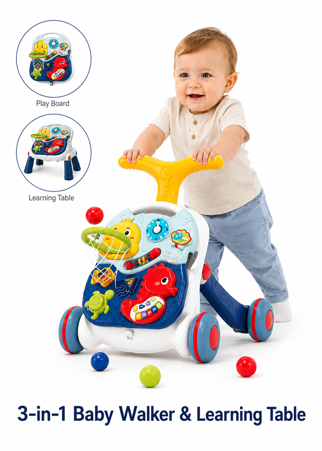 Baby Walker (14) Baby Walker and Activity Table, 3 in 1 Sit-to-Stand Push Walker with Musical Piano, Adjustable Speed and Anti-Tip Base, Blue