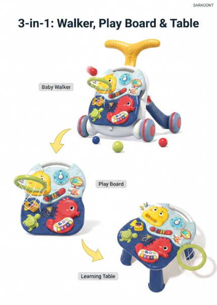 Baby Walker and Activity Table, 3 in 1 Sit-to-Stand Push Walker with Musical Piano, Adjustable Speed and Anti-Tip Base, Blue