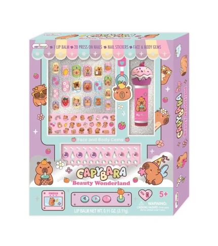Hot Focus Beauty Wonderland Kids Beauty Set – Lip Balm, 20 Press-On Nails, Nail Stickers and Face Gems for Girls, Ages 5+ – M