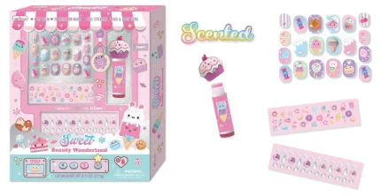 Hot Focus Beauty Wonderland Kids Beauty Set – Lip Balm, 20 Press-On Nails, Nail Stickers and Face Gems for Girls, Ages 5+ – M
