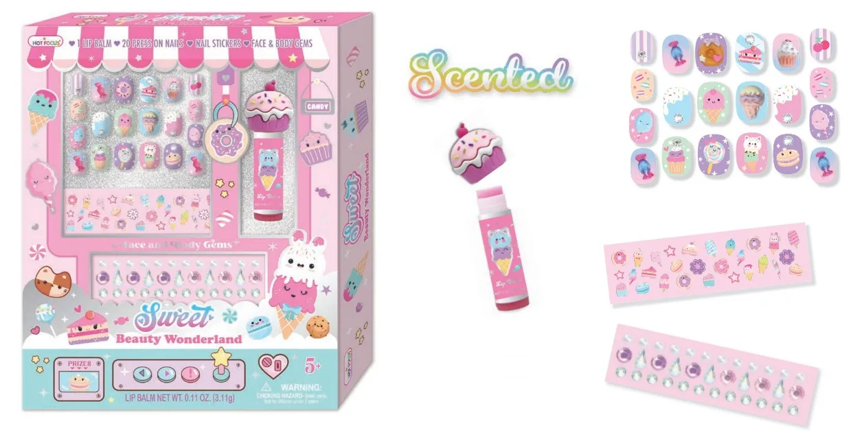 011SW_1.webp Hot Focus Beauty Wonderland Kids Beauty Set – Lip Balm, 20 Press-On Nails, Nail Stickers and Face Gems for Girls, Ages 5+ – M