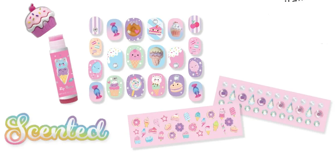 011SW_3.webp Hot Focus Beauty Wonderland Kids Beauty Set – Lip Balm, 20 Press-On Nails, Nail Stickers and Face Gems for Girls, Ages 5+ – M