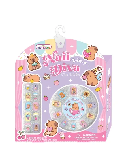Hot Focus Nail Diva 2-in-1 3D Press-On Nails Set for Girls – Two Sets with Cute Cartoon Designs, Ages 5+