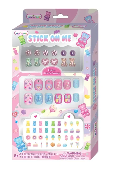 Hot Focus Stick On Me Kids Beauty Set – Nail Stickers, Press-On Nails and Stick-On Earrings for Girls, Ages 5+