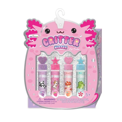 Hot Focus Critter Kisses Flavoured Lip Balm Set – 4 Cartoon Lip Balms in Grape, Strawberry, Peach and Mint for Kids, Ages 5+