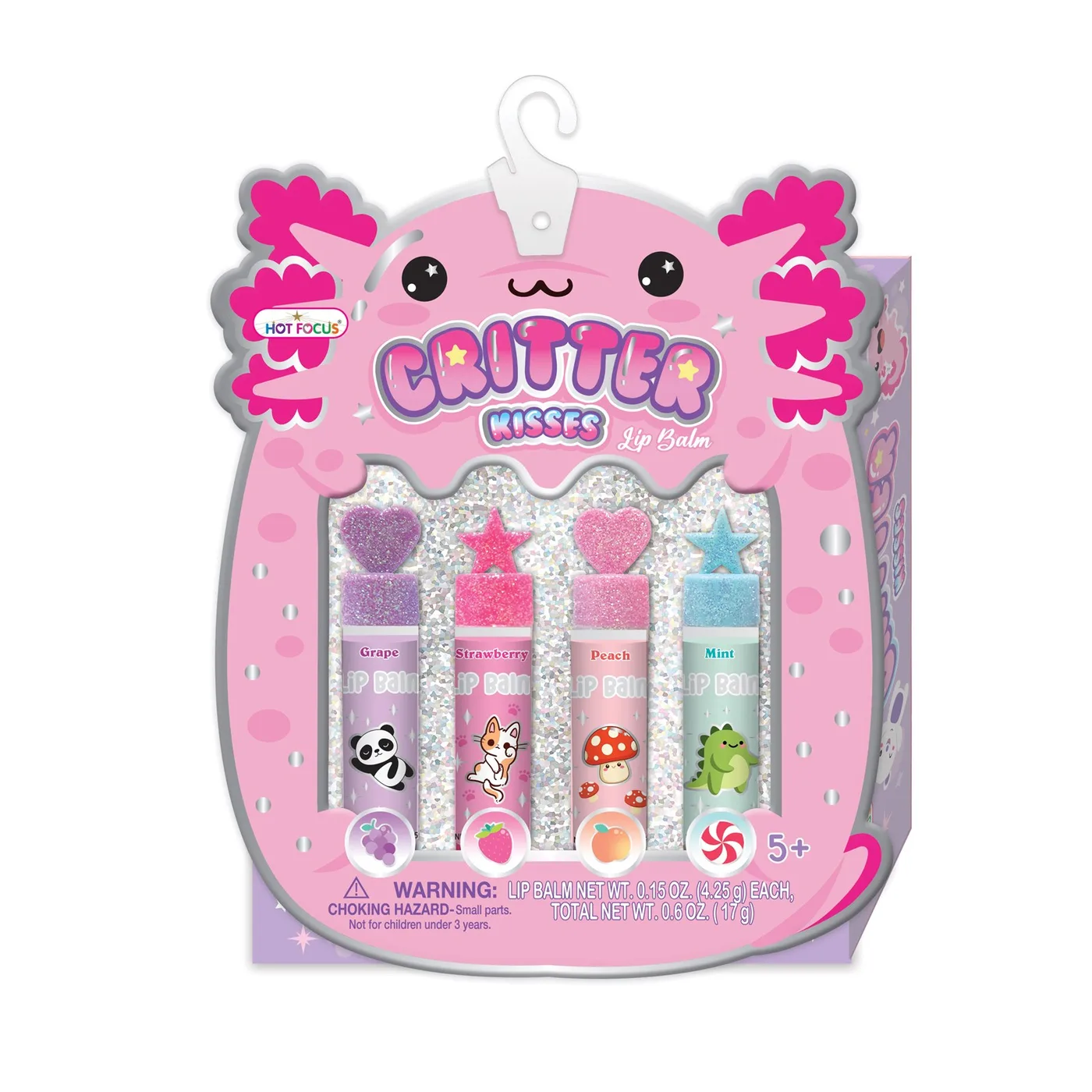 015CR_1.webp Hot Focus Critter Kisses Flavoured Lip Balm Set – 4 Cartoon Lip Balms in Grape, Strawberry, Peach and Mint for Kids, Ages 5+