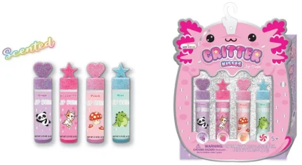 Hot Focus Critter Kisses Flavoured Lip Balm Set – 4 Cartoon Lip Balms in Grape, Strawberry, Peach and Mint for Kids, Ages 5+ 