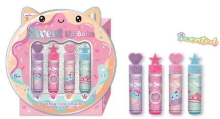 Hot Focus Sweet Lip Balm Set – Four Flavoured Lip Balms in Grape, Strawberry, Peach and Mint with Glitter Caps for Kids, Ages