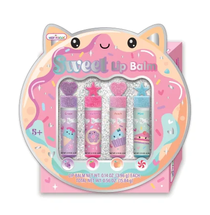 Hot Focus Sweet Lip Balm Set – Four Flavoured Lip Balms in Grape, Strawberry, Peach and Mint with Glitter Caps for Kids, Ages