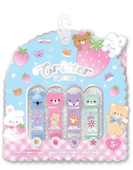 Hot Focus Critter Lip Balm 4-Pack – Koala, Bear, Fox and Cat Tubes in Peach, Strawberry, Grape and Mint for Kids, Ages 5+