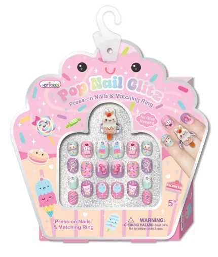 Hot Focus Pop Nail Glitz Kids 3D Press-On Nails and Adjustable Butterfly Ring Set – Tie Dye, Girls, Ages 5+ – Model 017SW