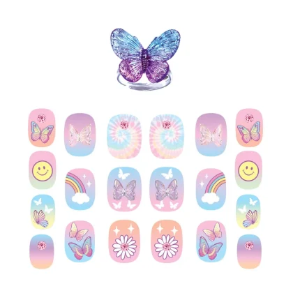 Hot Focus Pop Nail Glitz Kids 3D Press-On Nails and Adjustable Butterfly Ring Set – Tie Dye, Girls, Ages 5+ – Model 017TB