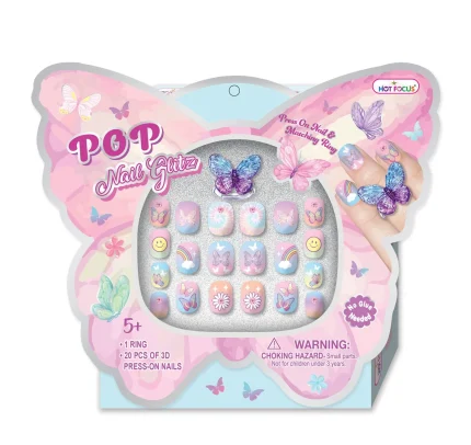 Hot Focus Pop Nail Glitz Kids 3D Press-On Nails and Adjustable Butterfly Ring Set – Tie Dye, Girls, Ages 5+ – Model 017TB - v