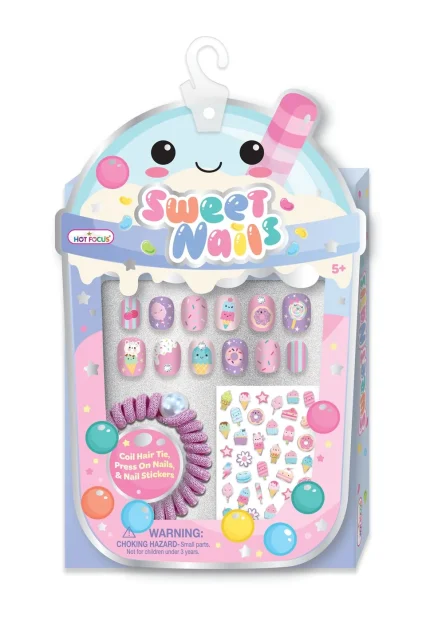 Hot Focus Sweet Nails Pop Glamour 3D Press-On Nails Set with Nail Stickers and Butterfly Adjustable Ring for Girls, Ages 5+