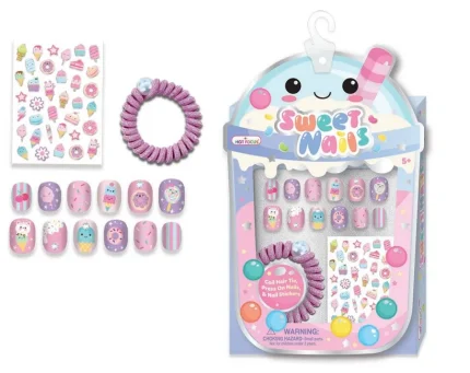 Hot Focus Sweet Nails Pop Glamour 3D Press-On Nails Set with Nail Stickers and Butterfly Adjustable Ring for Girls, Ages 5+ -