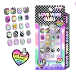 Hot Focus Love Vibes Nails – 20-Piece 3D Press-On Nails Set for Girls, Geometric, Floral and Holographic Designs, Ages 5+ - v