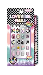 Hot Focus Love Vibes Nails – 20-Piece 3D Press-On Nails Set for Girls, Geometric, Floral and Holographic Designs, Ages 5+ - v