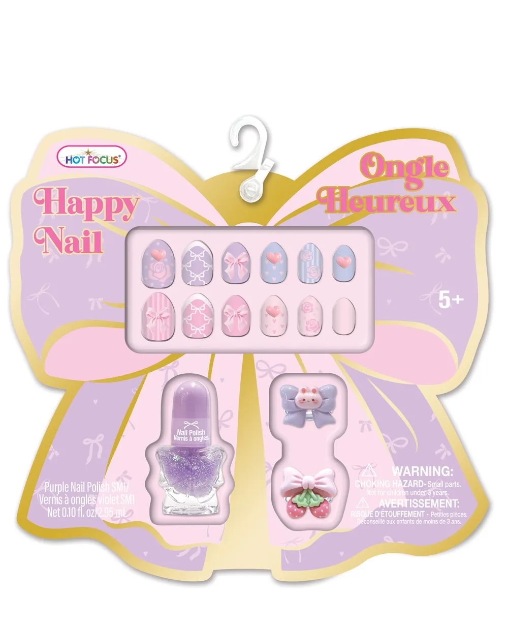 034BT_1.webp Hot Focus Happy Nails Kids Nail Art Set – 12 Press-On Nails, Glitter Purple Peel-Off Polish and 2 Nail Charms for Girls, Ages