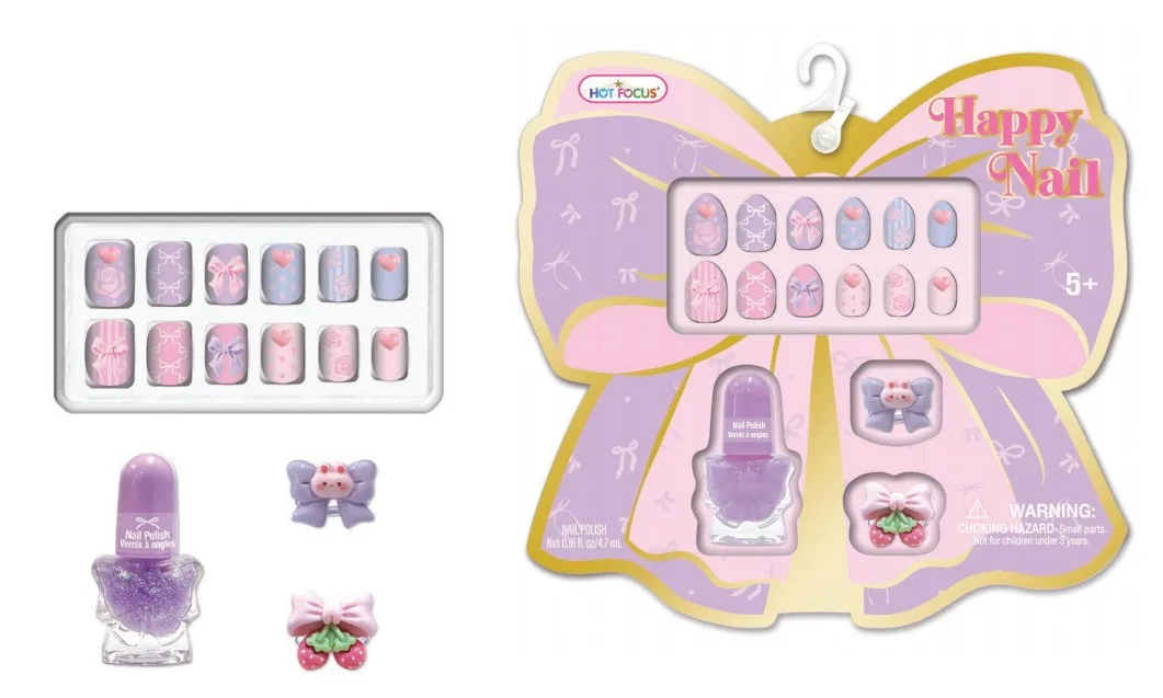 034BT_2.webp Hot Focus Happy Nails Kids Nail Art Set – 12 Press-On Nails, Glitter Purple Peel-Off Polish and 2 Nail Charms for Girls, Ages