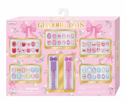Hot Focus Glamour Days Manicure and Lip Care Set – 5 Press-On Nail Sets and 2 Glitter Lip Glosses for Girls, Ages 5+