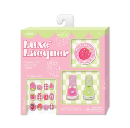 Hot Focus Luxe Lacquer Strawberry Scented Nail Set – 12 Press-On Nails, 2 Peel-Off Nail Polishes and Nail File for Girls, Age