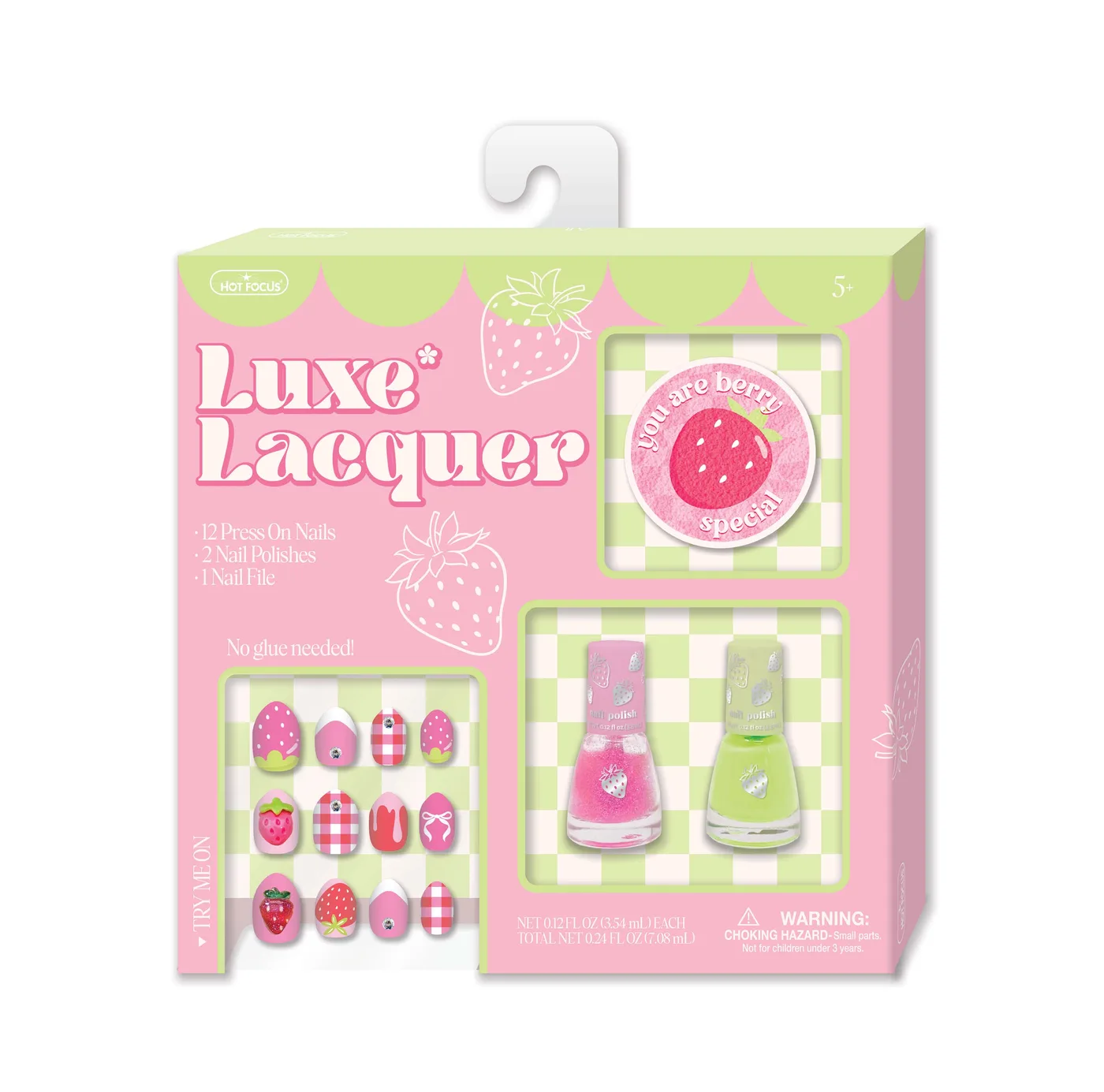 055SB_1.webp Hot Focus Luxe Lacquer Strawberry Scented Nail Set – 12 Press-On Nails, 2 Peel-Off Nail Polishes and Nail File for Girls, Age