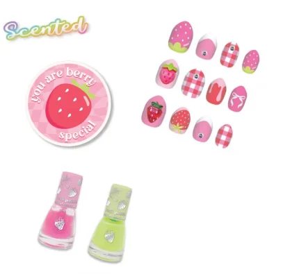 Hot Focus Luxe Lacquer Strawberry Scented Nail Set – 12 Press-On Nails, 2 Peel-Off Nail Polishes and Nail File for Girls, Age