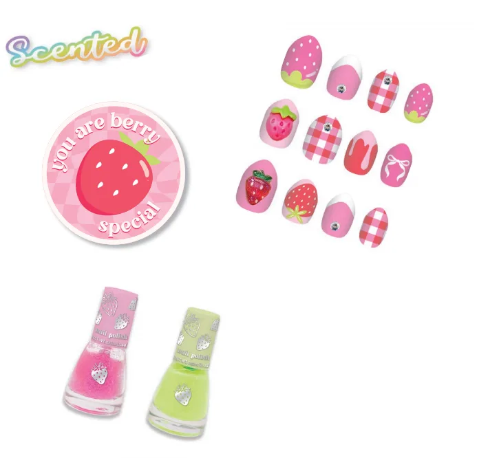 055SB_2.webp Hot Focus Luxe Lacquer Strawberry Scented Nail Set – 12 Press-On Nails, 2 Peel-Off Nail Polishes and Nail File for Girls, Age